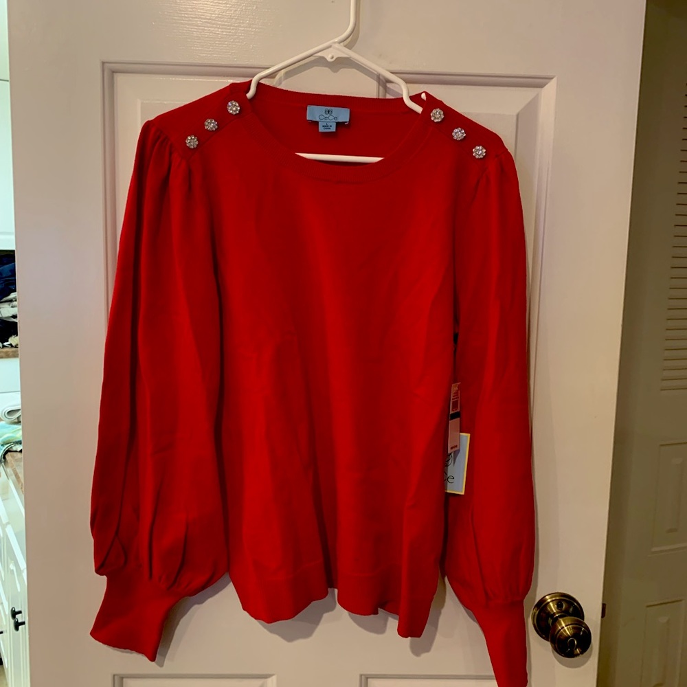 CeCe Rhinestone Shoulder Puff-Sleeve Sweater